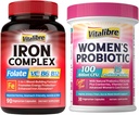 Iron Supplement for Women & Men 90Caps & Vitalibre Probiotics for Women 100 Billion CFU 15 Strains