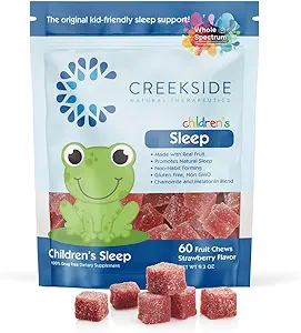 Creekside Naturals Children’s Sleep Real Fruit Chews, 0.5 mg Melatonin Sleep Supplement with Chamomile, Pediatrician Formulated Vegan Gummies, Strawberry Flavor, 60 Fruit Chews