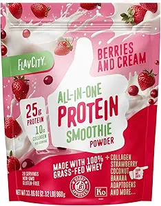 FlavCity Grass Fed Whey Protein Powder - Berries & Cream - 25g Protein & 10g Collagen - Made with Organic Strawberries & Coconut Milk - Gluten Free & No Added Sugars (20 Servings)