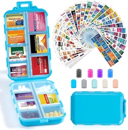 14 Grids Travel Pill Organizer Box met 415-Pcs Medicine Naam Labels - Pocket Daily Pharmacy Case Container Kit - Travel Medication Holder Dispenser voor Visolie Vitamine Supplement Opslag - Blauw