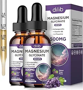 (2 Pack) Magnesium Glycinate Liquid Drops 500mg, met vitamine B6, Ashwagandha, L - Theanine, kamille, Magnesium Glycinate Supplement Hoge absorptie voor Slaap, Stress, Energie Mood - Druivensmaak