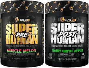 ALPHA LION Superhuman Pre Workout Powder & Post Workout Recovery Bundle, Sustained Energy & Focus + Lean Muscle Growth, Strength & Volume (Muscle Melon & Gany Smith Apple)