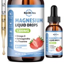 Triple Magnesium Complex Liquid Drops, 1300mg Magnesium Glycinate, Taurate & Citrate met Omega3, L-Theanine, Ashwagandha, Kalium, D3, B6, B12 voor Kalmte, Slaap, Spier, Aardbei smaak, 2 Fl OZ