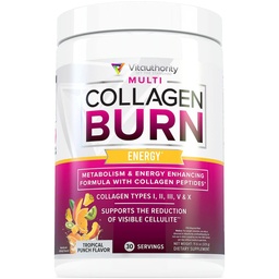 Multi Collageen Burn: MultiType Gehydrolyseerde Proteïne Peptiden met Hyaluronzuur, Vitamine C, SOD B Dimpless, Types I, II, III, V en X, met Cafeïne 30 Servers Tropische Punch Gearomatiseerd