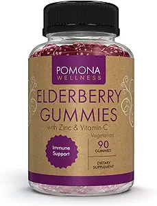Pomona Wellness Vlierbessen Gummies met Zink en Vitamine C voor Immune Ondersteuning 3-1 Kauwbare Zwarte Vlierbessen Gummy Supplement voor kinderen en volwassenen, Vegan, 90 Gummies