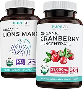 Bespaar $4 (12% korting) - Mind & Body Bundle - Organic Cranberry Concentrate (50:1 Concentrate - Equals 25.000mg verse veenbessen) en Organic Lions Mane (10:1 Extract - Equals 10.000mg champignons)