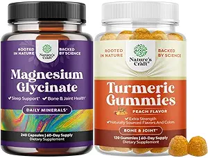 Bundle of Pure Magnesium Glycinate 400mg Per Serving for Mood Sleep and Relaxation 240ct and Turmeric Gummies for Adults Peach Flavor - Extra Strength Joint Support Gummies