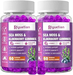 Zee Mos & Vlierbessen Gummies, Blueberry Flavored Gummy, Vitaminen Zee Mos Supplementen met Vitamine C + Zink en Apple Cider Vinegar, Good Texture, Vegan-Friendly, 120 Count(Pack of 2)