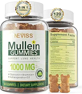 NEVISS Mullein Gummies for Longs, Organic Mullein Leaf Extract 1000mg for Respiratory System with Quercetin & Bromelain, D3 for Dispspatitive Support, Immune Booster, Sugar Free, Vegan, 120 Tel.