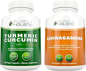 Biologische Kurkuma Curcumin 700mg & Bioperine + Biologische Ashwagandha 1300mg & Black Pepper - Vegan Bundle - 120 + 180 Capsules - Made in USA