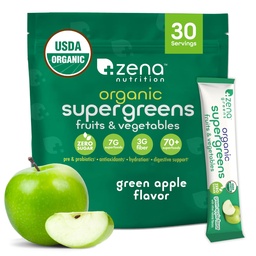 Zena Nutrition Organic Super Greens Powder, 70+ Superfoods, 0 Sugar, 3G Fiber, Spirulina, Chlorella, Antioxidanten, Prebiotica/Probiotica, Digestieve Enzymen, Green Apple, 30 Drink Mix Packets