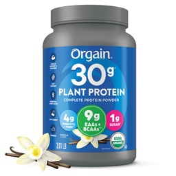 Orgain Organic 30g Vegan Plant Protein Powder, Vanilla, 9g EAAs + BCAAs, High Plant Protein, 4g Prebiotic + Fiber, 1g Sugar, Pre-Workout, Muscle Support + Recovery - 2.01lb (Packaging May Vary)