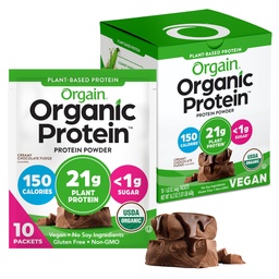 Orgain Organic Vegan Protein Powder, Romige Chocolade Fudge - 21g Plant Protein, 6g Prebiotic Fiber, Low Carb, No Lactose Ingredients, No Added Sugar, Non-GMO, For Shakes & Smoothies, 10 Travel Packs