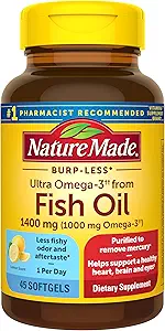 Nature Made Burp-Less Ultra Omega-3 van Fish Oil 1400 mg, Dieetsupplement voor gezonde hartondersteuning, 45 Softgels, 45 dagen levering