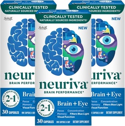 NEURIVA Brain + Eye Supplement for Memory, Focus & Concentration with Clinically Tested Lutein and Zeaxanthine, Vitamins A C & E + Zink for Eye Health & Filter Blue Light Capsules 30 Count Capsules (3 Pack)