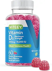 Viteey Vitamine D3 Gummies for Adults & Teens - 10.000 IE, 250 mcg, Maximale sterkte - Gewricht & Muscle Health, Immuun Boost - Kauwbare Vitamine D Gummies - Vegetarisch, Gelatinevrij - Smakelijk Berry Flavored