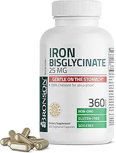 Bronson Iron Bisglycinate 25 mg Zacht op de maag, Ondersteunt energie en gezonde rode bloedcelproductie - niet-consciperende formule - niet GGO, 360 Vegetarische capsules