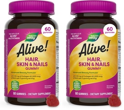 Nature's Way Alive! Hair, Skin & Nails Gummies, Advanced Beauty Formula*, with Biotin and Collageen, Strawberry Flavored, 60 Gummies (Packaging May Vary) (Pack of 2)