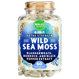 MAJU 4-in-1 Biologische Sea Moss Capsules, Wild Chondrus Crispus, Seamoss w/Bladderwrack + Burdock Root, Stronger Than Gel, Irish, Sebi Inspired Raw Powder in Pillen, 500 mg Capsule (60 ct)