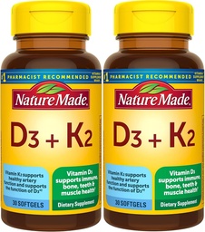 Nature Made Vitamin D3 K2, 5000 IE (125 mcg) Vitamine D, Dieetsupplement voor bot, tanden, spier- en immuungezondheidsondersteuning, 30 Softgels, 30 Day Supply - Pack of 2