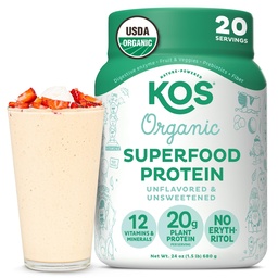 KOS Vegan Protein Powder, Unflavored & Unsweeted - Low Carb Pea Protein Blend, Organic Superfood Rich in Vitamins & Minerals - Keto, Soy, Dairy Free - Meal Replacement for Women & Men - 20 Servings