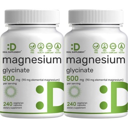 Deal Supplement Magnesium Glycinate 500mg, 480 Veggie Capsules | 100% Chelated for Easy Absorption | Essential Mineral Supplement | Non-GMO, Gluten-Free