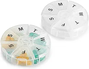 Weekly Pillen Organisator - (Pack of 2) 7 Dag pillen Container, Ronde Medicine Organizer Box, Dagelijkse Week Pillen Herinnering geval Reizen Vriendelijk, BPA-vrije Vitamine, Supplement, Visolie, Medicatie Planner