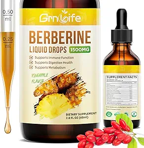 Berberine Supplement, 1500mg Biologische Berberine Liquid Drops met Ceylon Cinnamon, Bitter Melon - Ondersteunt Immune en Metabolisme, Vegan, Ananas Smaak-2 FL Oz