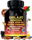 Biologische Himalaya-Shilajit-capsules met zwarte zaadolie Berberine kaneel Ginseng Chaga & Taurine & Vitamin A, E, D3, K2 (120 Count) - All-in-1 Fulvinezuur-Shilajit voor mannen en vrouwen