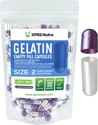 XPRS Nutra Maat 2 Lege capsules - 100 Telle Lege Gelatine Capsules - Pillen DIY Capsule Vulling - Pure Bovine Pill Gel Caps for Do-It-Yourself Supplements (Pearl Purple/White)