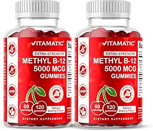 Vitamatic 2 Packs Extra sterkte vitamine B12 5000 mcg (Methyl B12) Gummies - 120 Tel - Energie Metabolisme Ondersteuning en zenuwsysteem gezondheid Ondersteuning, natuurlijke kersen smaak