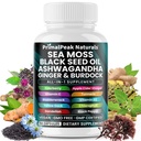 Sea Moss Black Seed Oil Ashwagandha Ginger Burdock Bladderwrack Kurkuma & Vitamine C Vitamine D3 met ACV Vlierbes Chlorofyll Dandelion Yellow Dock Vegan Capsules - 60 Tel.