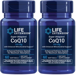 Life Extension Super Ubichinol CoQ10 met verbeterde Mitochondriale Ondersteuning, Krachtige Hart Gezondheid en Cellulaire Energie Productie Ondersteuning,Ultra-absorbeerbaar,Gluten-Free,Non-GMO, 100 mg, 60 softgels (pakket van 2)