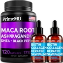 4-in-1 Liquid Biotin Collagen Keratin Saw Palmetto Drops (2 fl oz - 2 Pack) & 6-in-1 Maca Root Ashwagandha w Black Pepper Fruit (120ct) Bundle - Hair, Skin, Nails, Energy & Mood Support Supplement