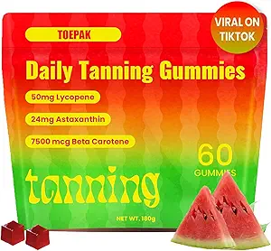 60 stuks Natural Tanning Gummies, Astaxanthine 24mg Lycopeen 50mg Plus Beta Caroteen 7500 mcg, Beste Astaxanthine Supplementen voor huidgezondheid & Glow, Non-GMO, Sour Watermeloen smaak