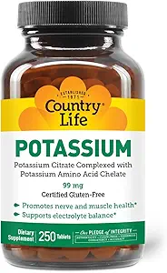 Country Life Kalium 99 mg Tabletten - Gecheld voor verbeterde absorptie, Ondersteunt Neuromusculaire Functie & Electrolyt Balance, Gecertificeerd Glutenvrij, Veganistisch, Kosher, 250 Tabletten