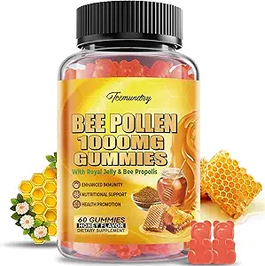 Bee Pollen 1000MG Gummies with 500MG Royal Jelly & Bee Propolis, Sugar Free Bee Pollen Supplement Rijk aan vitamine C & E, vegetarisch, niet-GMO, glutenvrij, ondersteuning immuniteit & huidgezondheid