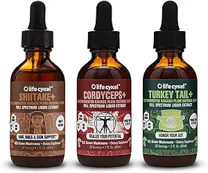 LIFE CYKEL AM Bundel- Energie Ondersteuning, Immuunsysteem Ondersteuning, Hair Skin & Nails Gezondheid- 100% Biologische Paddenstoelen- Cordyceps Turkije Tail & Shiitake w/ Kakadu Plum, Made in the US, Non-GMO - 3 ct(2oz elk)