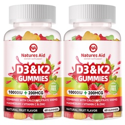 Natures Aid Sugar-Free Vitamin D3 K2 Gummies with Calcium + K2 (MK-7), Magnesium citraat, Vitamine C, Extra Sterkte - Ultieme absorptie voor botspier Teeth Immune, Vegan - 120 Gummies