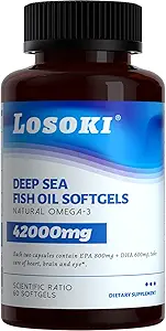Losoki Deep Sea Fish Oil - 1000 mg EPA & DHA, Omega-3 vetzuren, Wild Caught Fish, Premium Burpless Softgel Supplementen - 60 ct