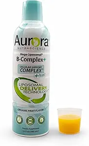 Aurora Nutrascience Mega-Liposomal B-Complex + Vitamin C, Supports Energy, Immune & Nervous System Health, Gluten Free, Non-GMO, Sugar-Free, Organic Fruit Flavor, 32 Servings, 16 Fl oz