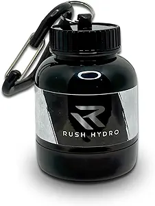 RUSH HYDRO Supplement Protein Powder Funnel Keychain, Travel Protein Powder Container with Dual Screw Cap, 100 mL Container for Hydration Powder & Supplements, Black