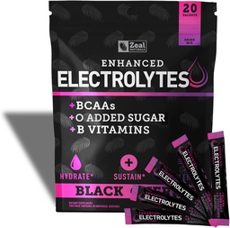 Enhanced Electrolyte Powder Stick Packs (Black Cherry 20 Packets) w/ 0 Sugar +BCAAs +B-Vitamins Electrolyte Supplement w Kalium Zink & Magnesium voor Hydratatie - Keto Electrolytes