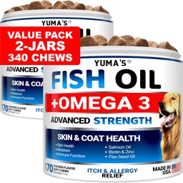 (2 Pack) Omega 3 Visolie voor honden - 170 Kauwen - huid en jas supplement - Omega 3 voor honden - droge en jeukende huidbehandeling - Allergie ondersteuning hond anti vergieten Treats - zalm - kip smaak