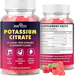 Kalium citraat Gummies voor volwassenen, Sugar-Free Kalium 1000mg Ondersteuning Been krampen & Electrolyte Balance High Potency 60 Tellen
