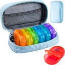 Serfeymi Weekly Travel Pill Organizer 2 keer Een dag AM PM Geupgraded Regenboog Pill Box 7 dag met Portable Zipper PU leren pil Case, Medicine Organizer voor pillen, Vitaminen, Visolie - Blauw 01