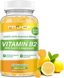Vitamine B2 Gummies, Riboflavine 400mg Supplement met Magnesium Glycinate & CoQ10 voor volwassenen & Kids, Ondersteuning Migraine Relief & Nervous System, Boost Energy, Sugar Free Vegan B2 Gummies Citroen Flavor