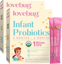 LOVEBUG Infant Probiotica 0-6 maanden - USDA Biologische Probiotica voor Baby's, Ondersteunt Baby Gas, Colic, Diarree en Pasgeboren Constipatie Relief, Allergenen & Sugar Free, Smaakloos Poeder, 60 Pack