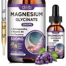 Magnesium Glycinate Liquid Drops 500mg, met vitamine B6, Ashwagandha, L - Theanine, Kamille, Magnesium Glycinate Supplement Hoge absorptie voor Slaap, Stress, Energie, Mood - Druivensmaak, 2 FL.OZ