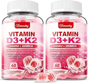 Vitamin D3 K2 Supplement for Adults - Vitamin D3 5000 IU + K2 200 mcg - Vit D3 K2 Gummies with Calcium 600mg Magnesium Zinc & Vitamin C for Women Men - Supports B0ne, Muscle Immune - 120 Count